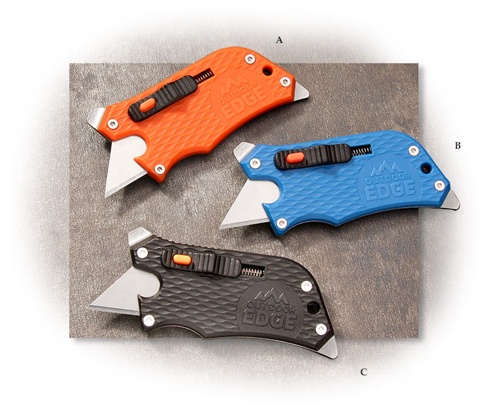 Outdoor Edge SlideWinder razor blades in orange, blue, and black