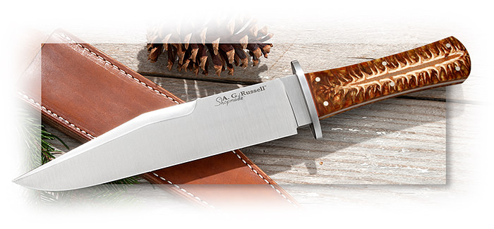 California Bowie fixed blade with Norway Spruce Cone in Resin handles & hand made leather sheath