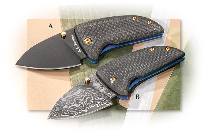 A.G. Russell Doodle Bug folding knife with carbon fiber scales, blue anodized liner and clip