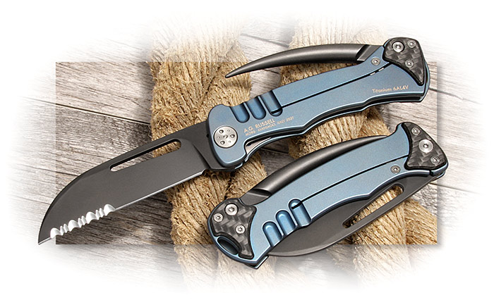 A.G. Russell SeaMaster 2.0 Blue Titanium Double Frame Lock - M390 Combo Edge Blade, Marlin Spike