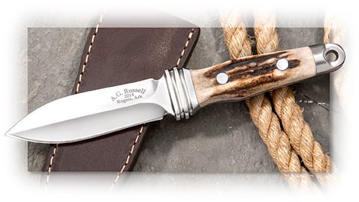 A G RUSSELL STING III - INDIA STAG - 440C HOLLOW GROUND BLADE - LEATHER SHEATH