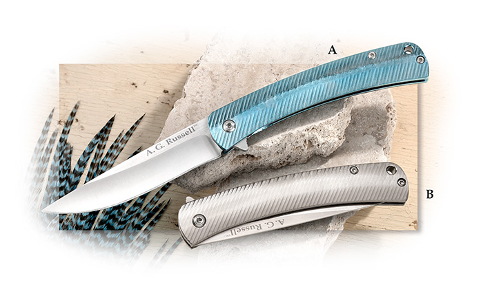 A.G. Russell Highly polished Fluted Titanium Handle in blue or silver titanium, deep pocket clip