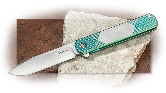 A.G. Russell Green Dual-Cross Anodized Titanium framelock flipper with deep pocket clip