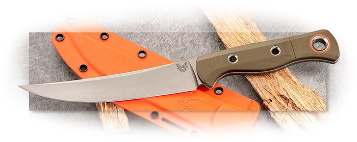 BENCHMADE - MEATCRAFTER - OLIVE DRAB GREEN G-10 HANDLE - ORANGE CERAKOTE LANYARD RING - CPM-S45VN