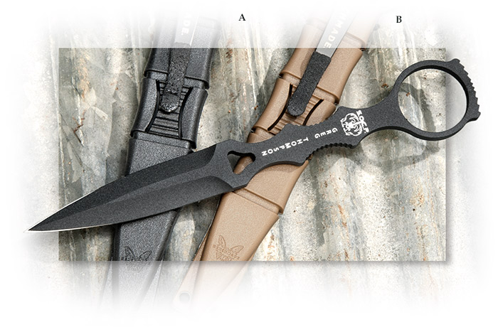 Benchmade SOCP Double edged black coated skeleton dagger. Carry on vest, belt, in pocket, or boot.