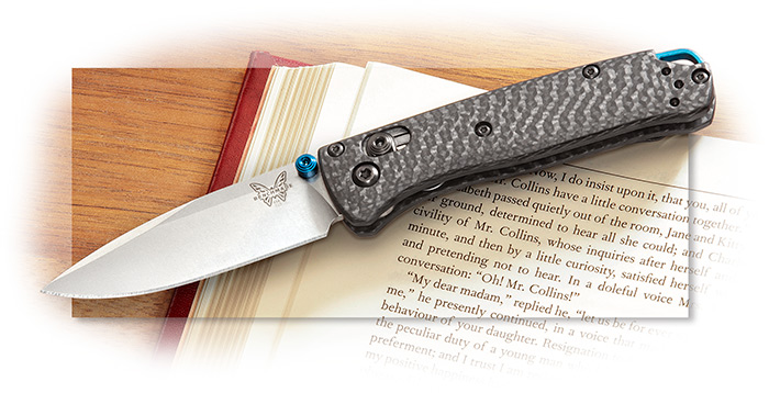 BENCHMADE - MINI BUGOUT - CARBON FIBER WITH BLUE ACCENTS - DROP POINT - AXIS LOCK - CPM-S90V BLADE