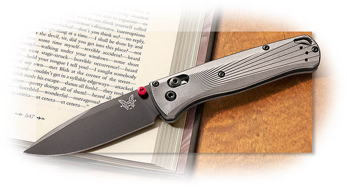 BENCHMADE - BUGOUT - MILLED ALUMINUM HANDLES - BLACK DLC DROP POINT BLADE - RED ANODIZED THUMBSTUD