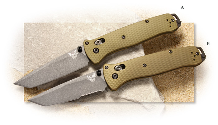 BENCHMADE-BAILOUT- CPM-M4 Steel GREY CERAKOTE Tanto Blade - WOODLAND GREEN ANODIZED ALUMINUM HANDLE
