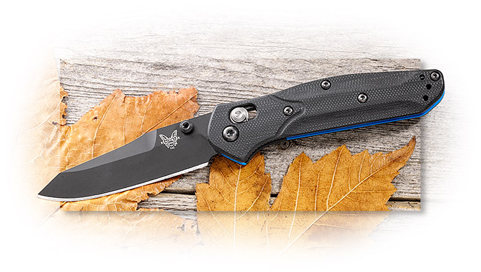 BENCHMADE - MINI OSBORNE - BLACK/BLUE LAYERED G-10 - BLACK PLAIN EDGE BLADE - CPM-S30V BLADE STEEL