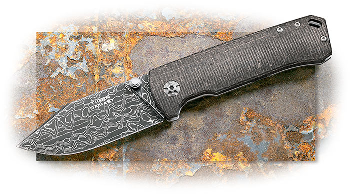 BOKER - TIGER DAMASCUS FOLDER - BLACK MICARTA HANDLE - INTREPID PATTERN CHAD NICHOLS MOSAIC DAMASCUS