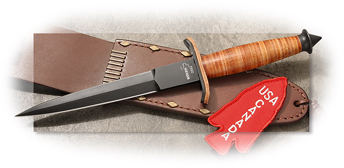 BOKER - V-42 DEVILS BRIGADE FIGHTER 2.0 - DOUBLE EDGE SK85 STEEL DAGGER - COMPRESSED LEATHER DISCS