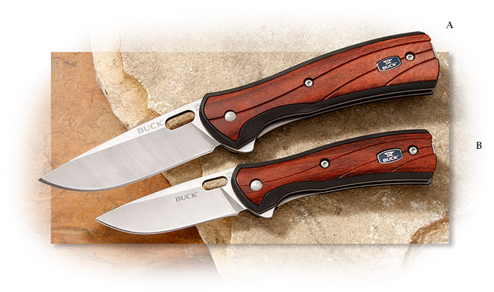 Buck Vantage folding knives with Rosewood Dymalux 