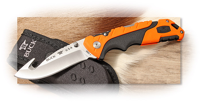 BUCK - FOLDING PURSUIT PRO LARGE GUTHOOK - ORANGE/BLACK SURE GRIP HANDLE - DROP POINT BLADE - S35VN