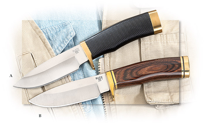 Three Buck Vanguard fixed blade hunters w/ either Wood or Rubberized Handle. Drop point, gut hook. 