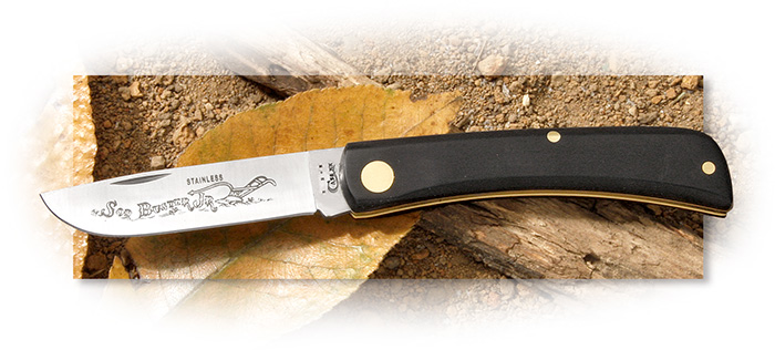 CASE - SOD BUSTER JR - BLACK SYNTHETIC HANDLE - SKINNER BLADE WITH ETCHING