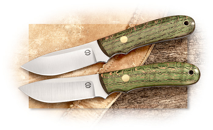 Arkansas Made Dozier General Purpose with Green Curly Oak handles, D2 tool steel, horizontal kydex 