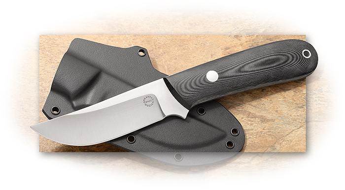 DOZIER WHITE RIVER SKINNER - EBONY RUCARTA HANDLE - HORIZONTAL RIGHT HANDED SHEATH