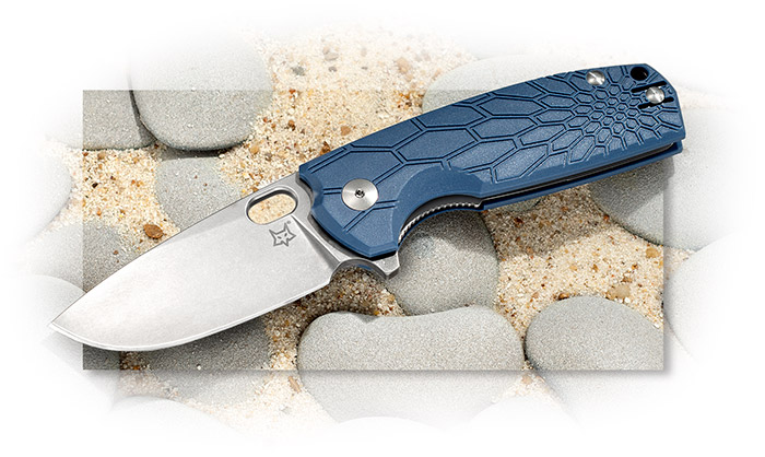 FOX CUTLERY-CORE DESIGN BY VOX-3-1/16 INCH N690CO PE BLADE-BLUE FRN HANDLE-POCKET CLIP