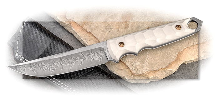 FOX - RYU TACTICAL TANTO FIXED BLADE - BALBACH HERRINGBONE DAMASCUS ELFORYN SUPER STUCK IVORY HANDLE