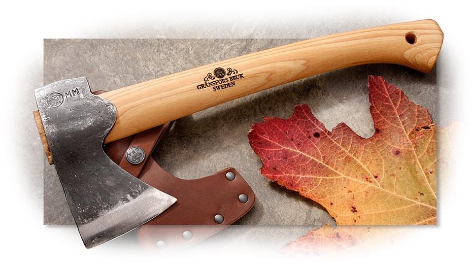 High Carbon Steel hatchet with hand forged Swedish Gransfors Bruks head and Hickory wooden handle. L