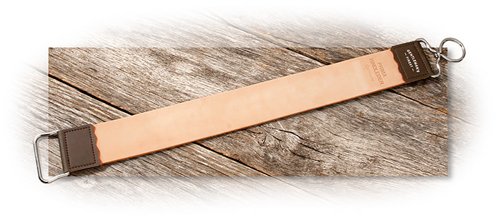 A 13-1/4" x 1-3/4" Leather Strop w/ Metal Handle & Swivel Hook. Single sided strop, for best results