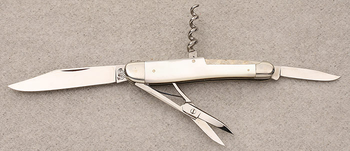 HEN & ROOSTER - 3" SERPENTINE W/CORKSCREW - WHITE PEARL HANDLE SCALES - TWO CLIP POINT BLADES
