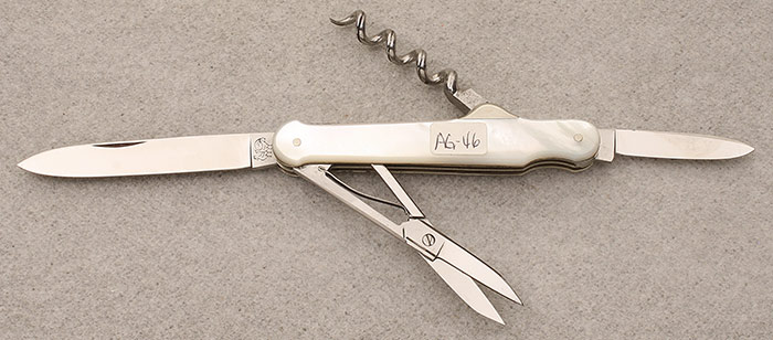 HEN & ROOSTER - WHITE PEARL HANDLE SCALES - 3-5/8" CLOSED - CORKSCREW - DROP POINT BLADE - PEN BLADE