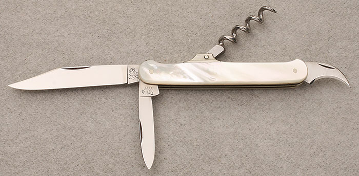 HEN & ROOSTER - WHITE PEARL HANDLE SCALES - 3-3/4" CLOSED - CORKSCREW - CLIP POINT BLADE - PEN BLADE