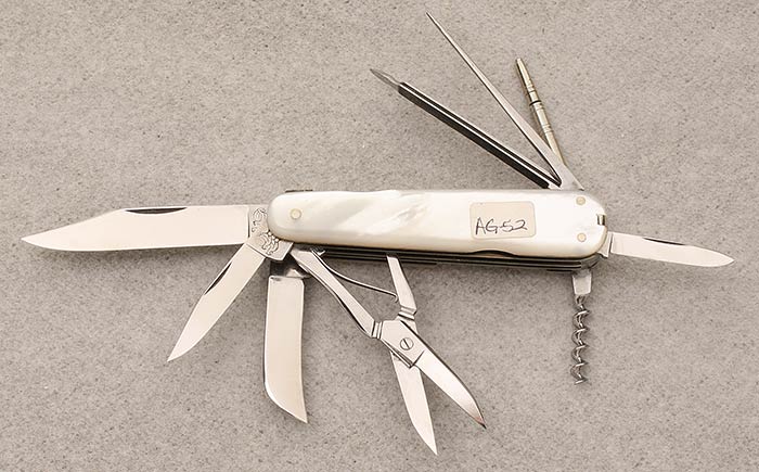 HEN & ROOSTER - WHITE PEARL - MULTI-BLADED FOLDER - TINY CORKSCREW NAIL FILE, PENCIL, SCISSORS, NAIL