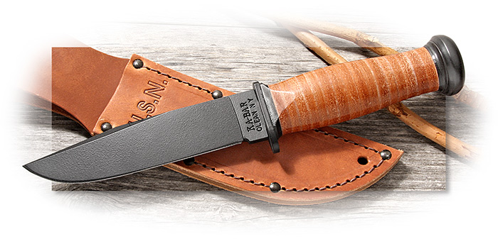 KABAR - MARK 1 - 5-1/8 INCH BLADE - LEATHER HANDLE - BROWN LEATHER SHEATH - 1095 CROVAN - BLACK COAT