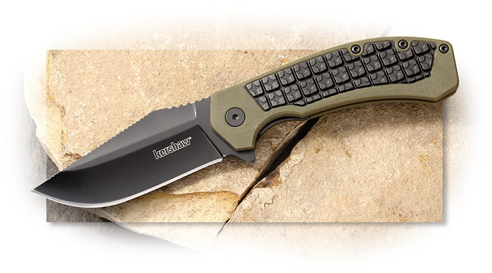  Kershaw Faultline Flipper with olive green and black handle, ball bearing opening system