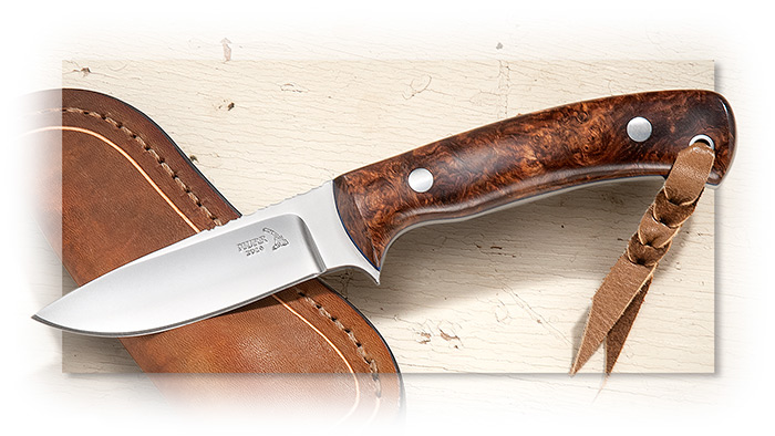 KEITH MURR - C6 HUNTER - ROSEWOOD BURL HANDLE - 3-3/8 INCH D2 BLADE STEEL - BROWN LEATHER POUCH STYL