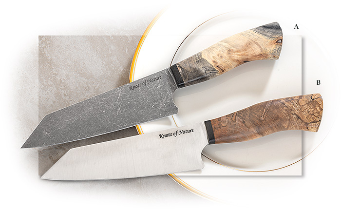 KNOTS OF NATURE - 7" CHEF'S KNIFE - CALIFORNIA BUCKEYE BURL SANDVIK 14C28N SWEDISH STEEL
