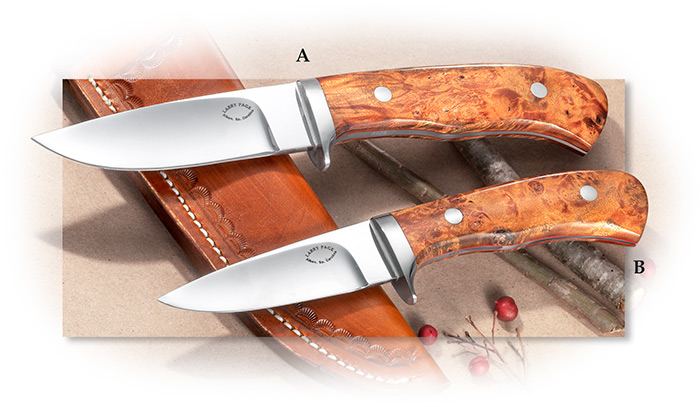 LARRY PAGE - 4 INCH DROP POINT HUNTER - GOLD MAPLE BURL HANDLE - - CPM-154 STAINLESS STEEL BLADE