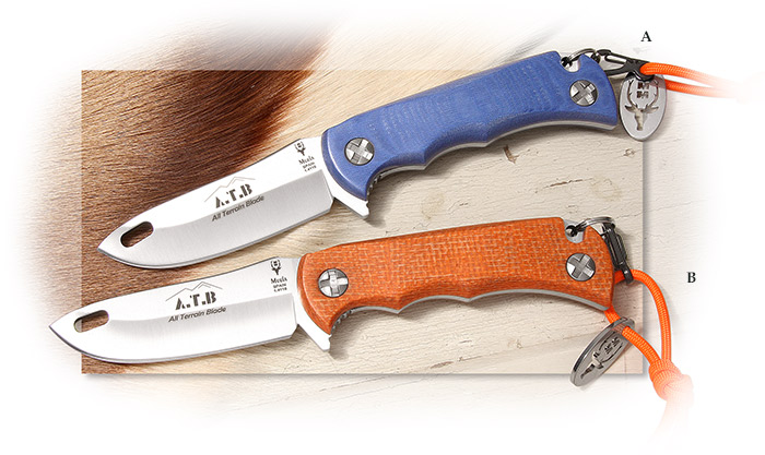 Muela All Terran Blade Fixed blade belt Knives w/ blue or orange handle. Stainless steel blade 