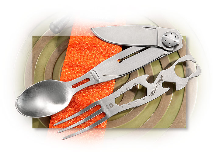 ChowPal from Outdoor Edge with spoon, fork, knife, hex wrenches, can opener, and more.
