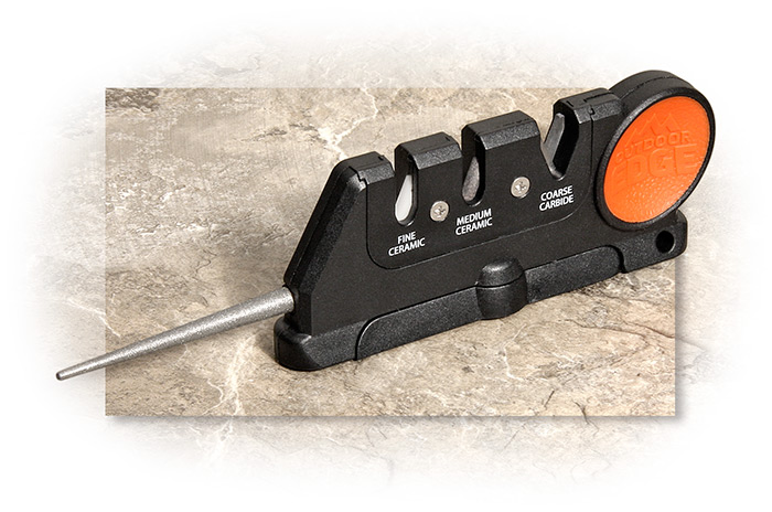 Outdoor Edge Edge-X Pro 3 Stage Compact Pull Through V-Sharpener plus tapered diamond rod