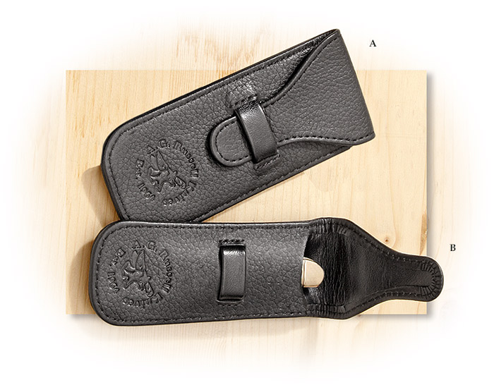 Black leather knife pouches with A.G. Russell logo
