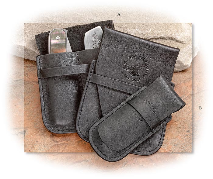 A G RUSSELL - POUCH FOR TWO FOLDING STEAK KNIVES - BLACK LEATHER