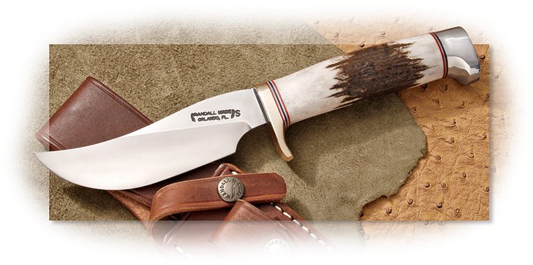 RANDALL MODEL 22 OUTDOORSMAN - 4-5/8 UPSWEPT STAINLESS - STAG HANDLE NICKEL SILVER HILT - DURALUMIN 