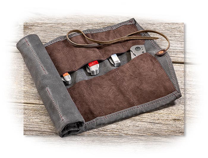 LEATHER AND CANVAS UTILITY CASE - ROLL-UP DESIGN - CHARCOAL GRAY WAXED CANVAS - BROWN LEATHER TIE