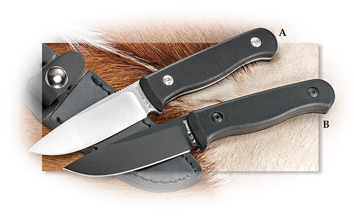 A.G. Russell Professional Hunter - Drop point D-2 tool steel blade with black leather belt sheath.