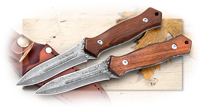 A.G. Russell Double Edged Stainless Damascus Stiletto Dagger with Sandalwood Handle & Leather Sheath
