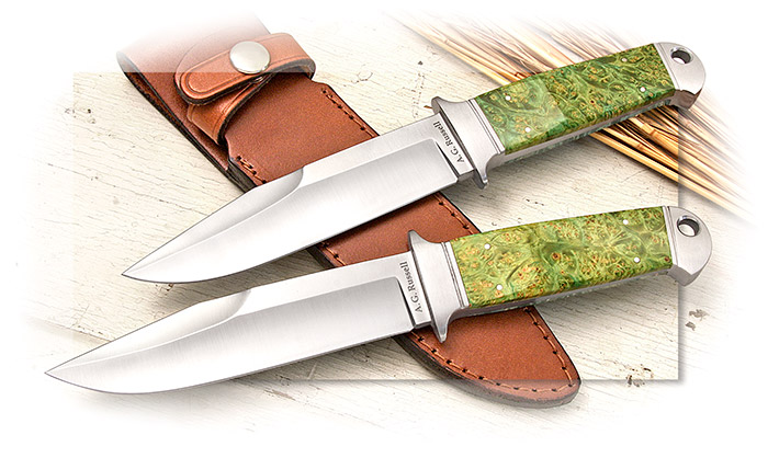 AG RUSSELL FORGED CHUTE KNIFE - GREEN BOX ELDER BURL - JAPANESE 440C BLADE - BROWN LEATHER SHEATH