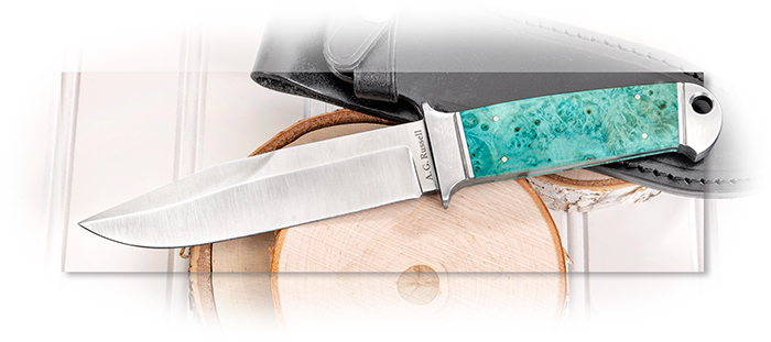 AG RUSSELL FORGED CHUTE KNIFE - TURQUOISE BOX ELDER BURL - JAPANESE 440C BLADE - BROWN LEATHER