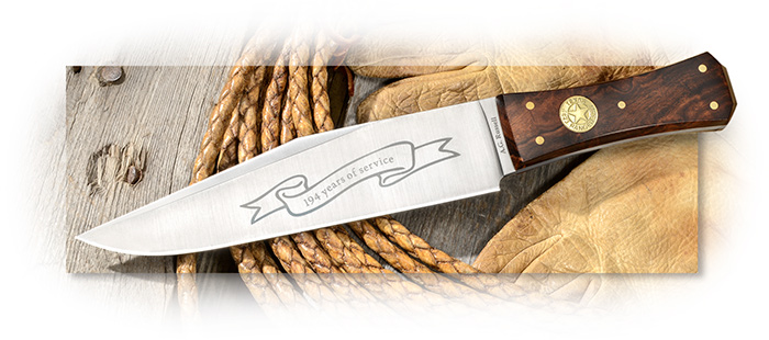 A.G. Russell 2017 Texas Ranger Fixed Blade Bowie in AUS-10 with Coffin Desert Ironwood handle