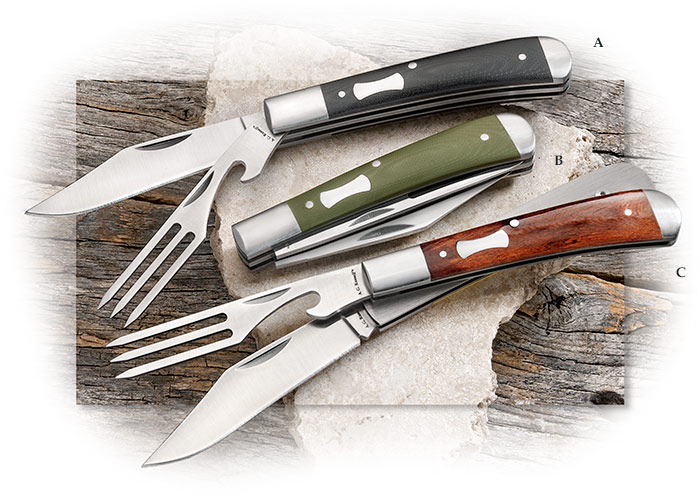 A.G. Russell Boxcar Jack Revised - Hobo knife w/ clip point knife & fork. Black or Green G10, Yellow