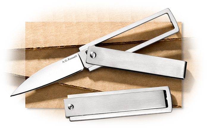 Small VG-10 general-purpose type blade on slim, lightweight titanium handle. Funny folder.