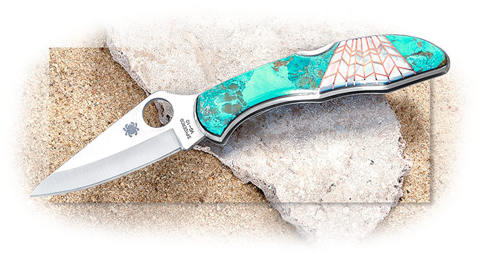 SANTA FE STONEWORKS - SPYDERCO DELICA - BLUE KINGMAN TURQUOISE W/ MOTHER OF PEARL AND COPPER WEB