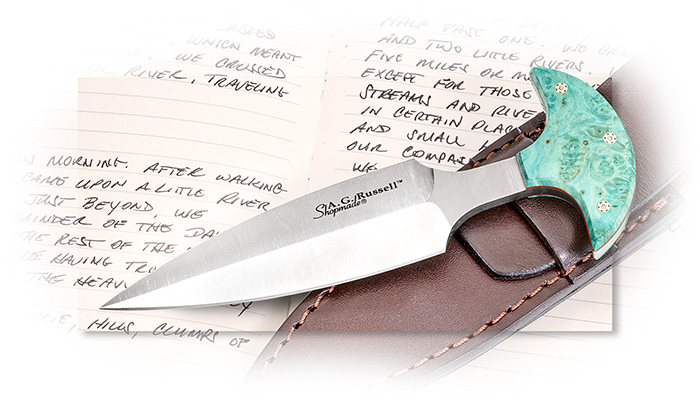 AG RUSSELL SHOPMADE - PUSH DAGGER LETTER OPENER -TURQUOISE BOX ELDER - BROWN LEATHER SHEATH